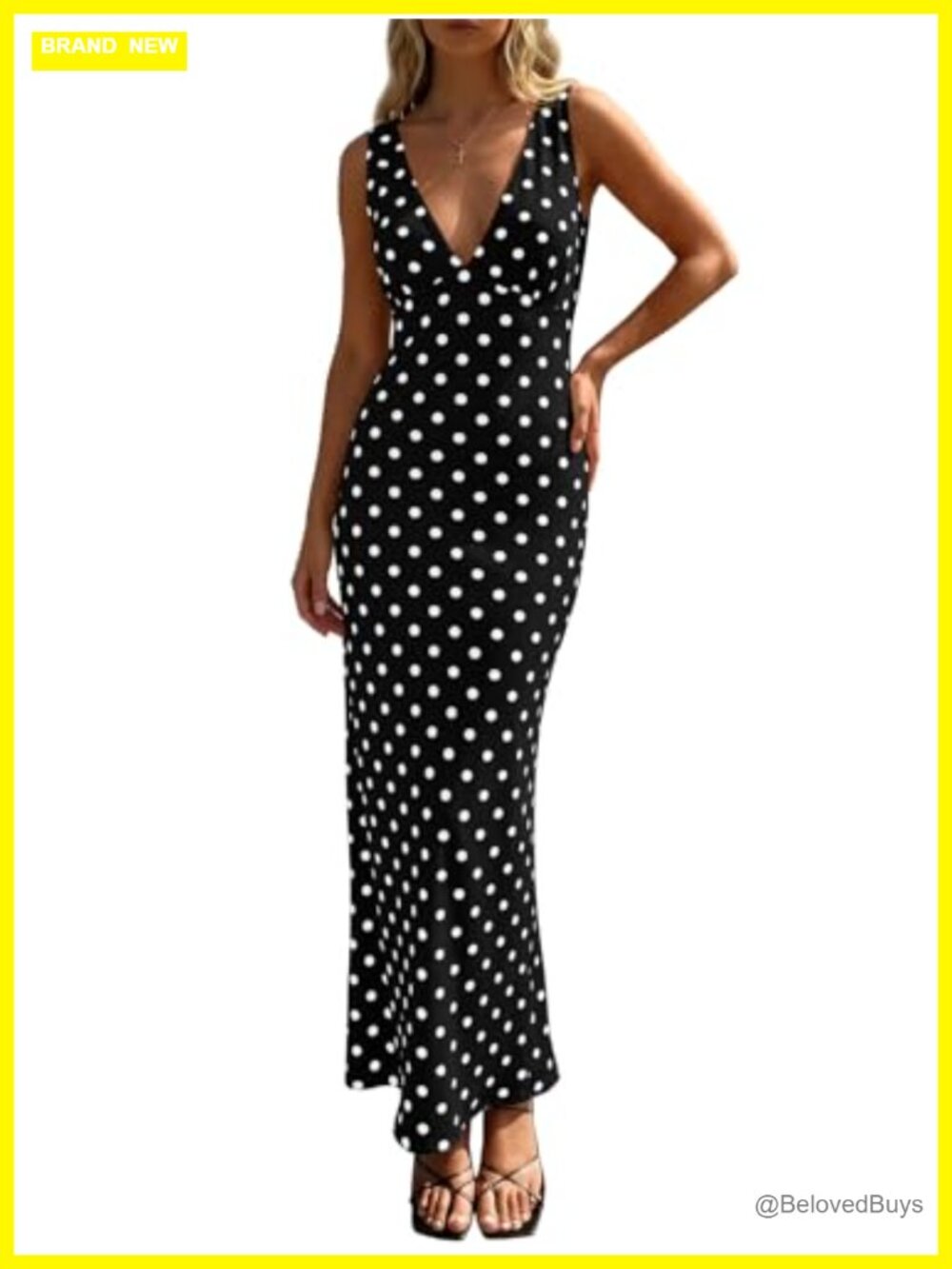 Wenrine Womens Polka Dot Mesh V Neck Bodycon Maxi Dress Sleeveless